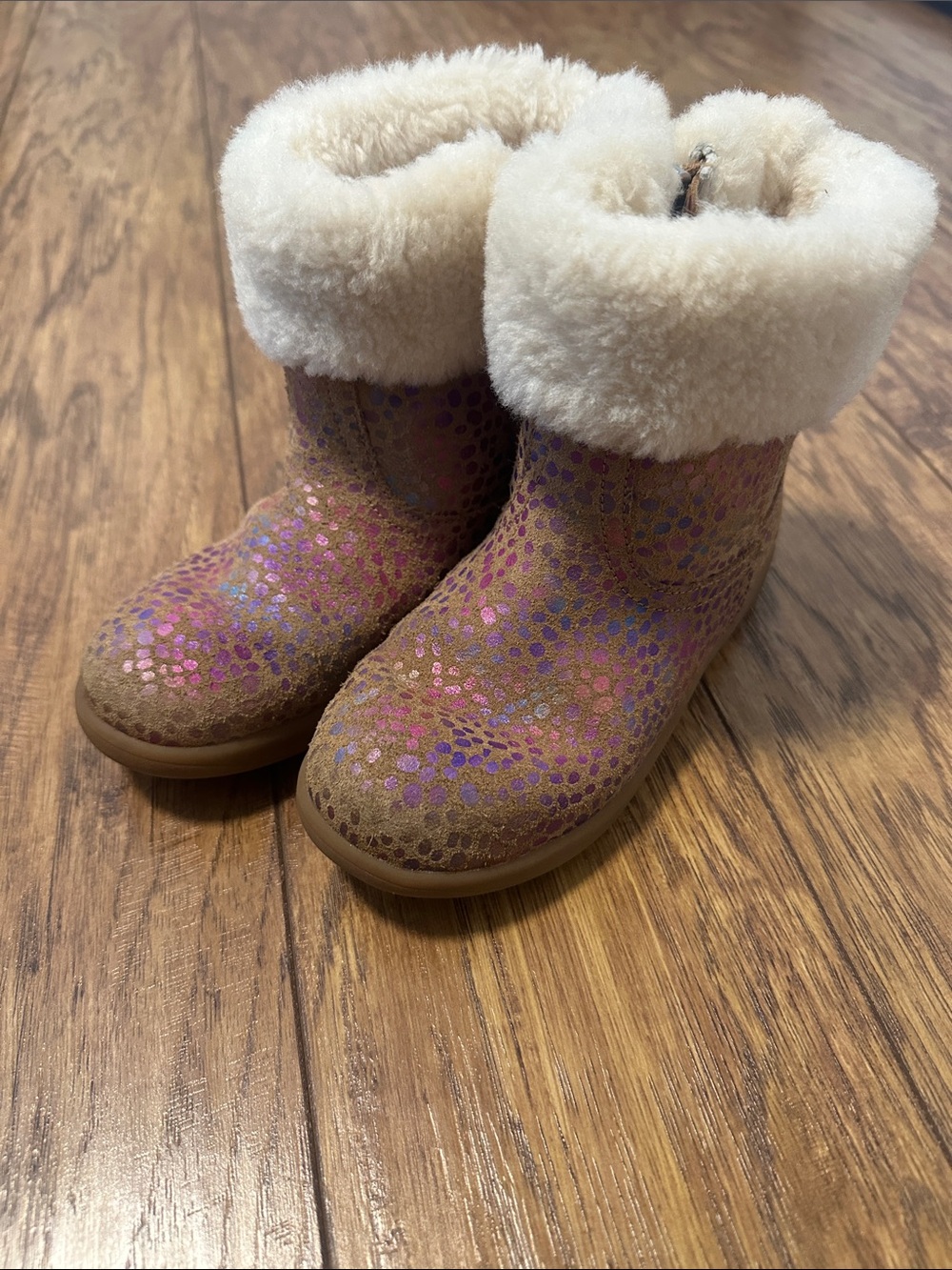 UGG Kids Tan Boot with Pink & Purple Metallic Dots